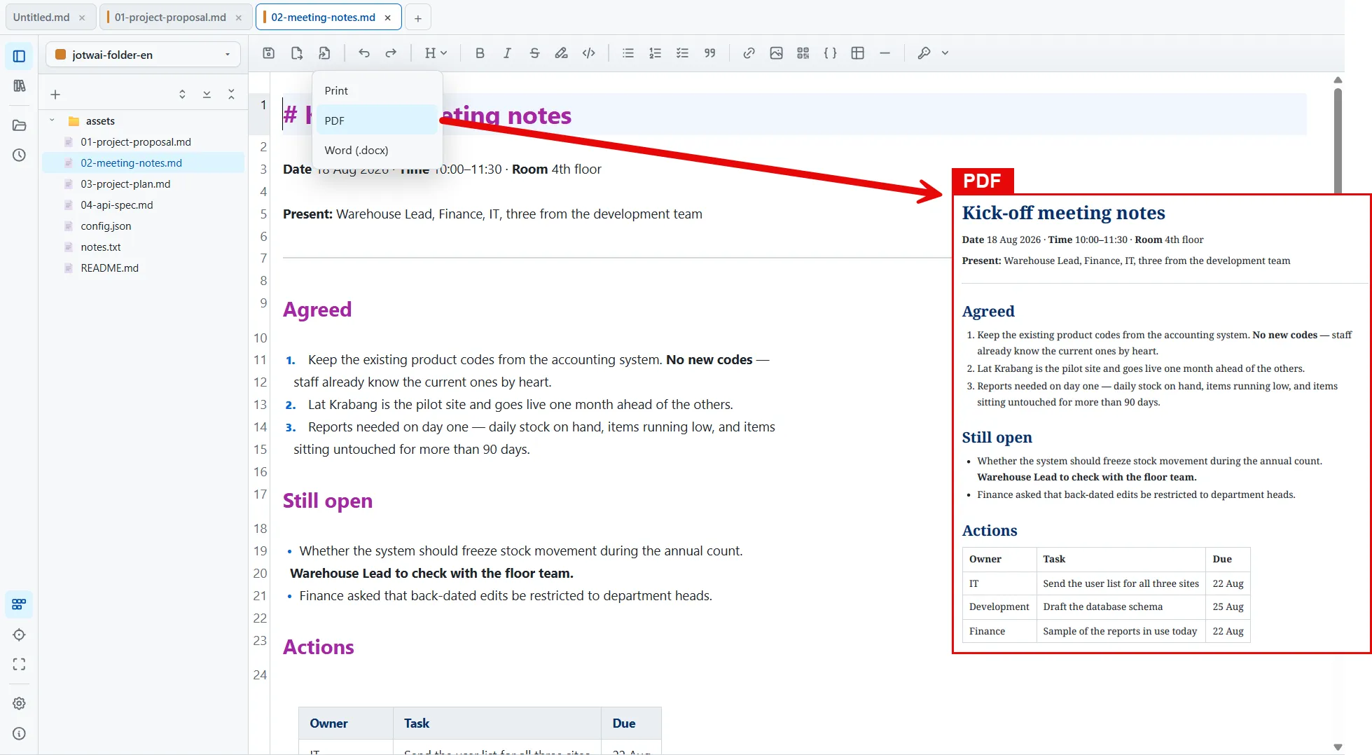 Jotwai's export menu open, offering Print, PDF and Word